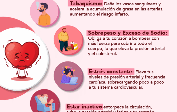 Infografía sobre hábitos y riesgo cardiovascular, como tabaquismo, exceso de sodio, estrés e inactividad física.